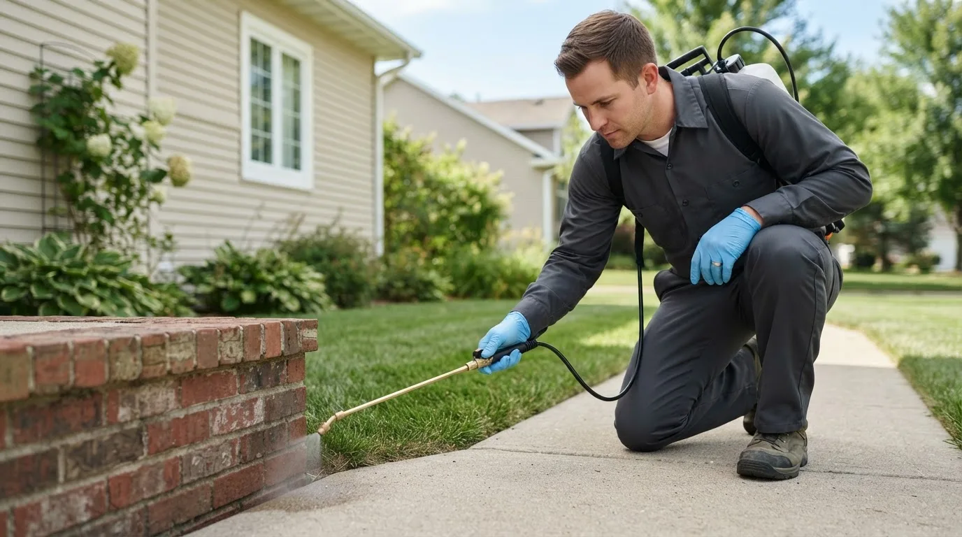 Pest control technician treating a home near Prairie View, KS