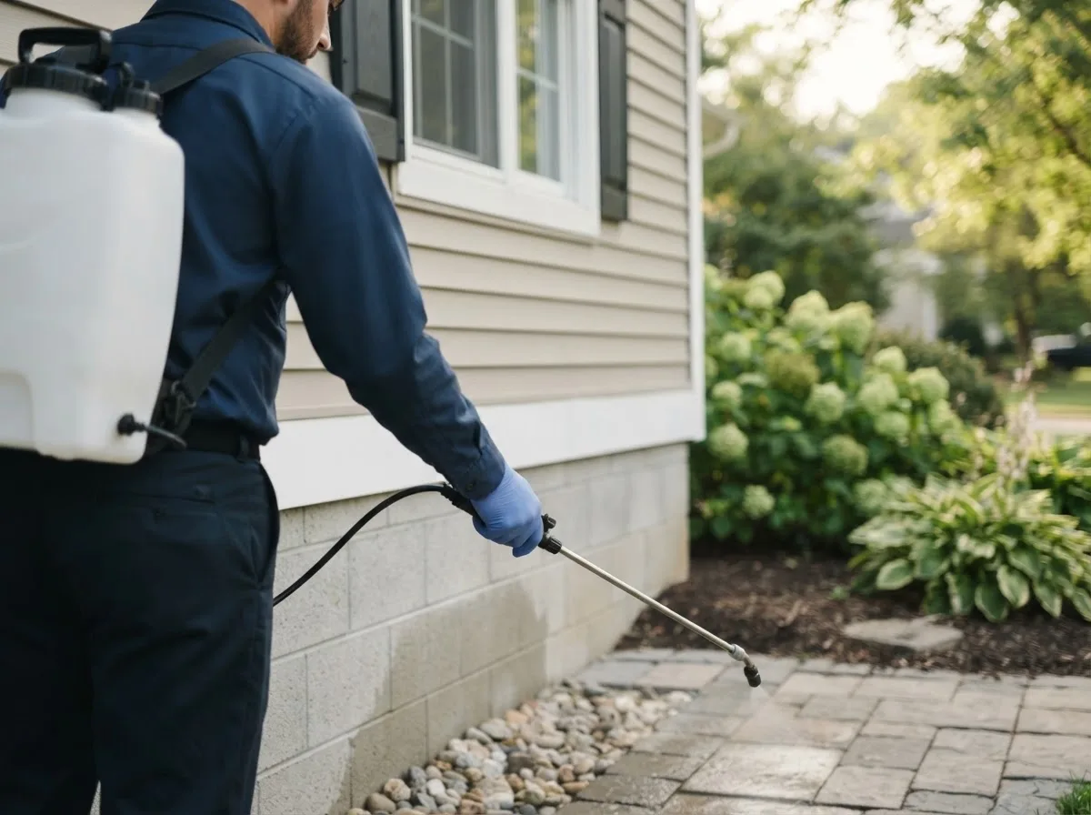 Pest control technician inspecting a home in Prairie View, KS